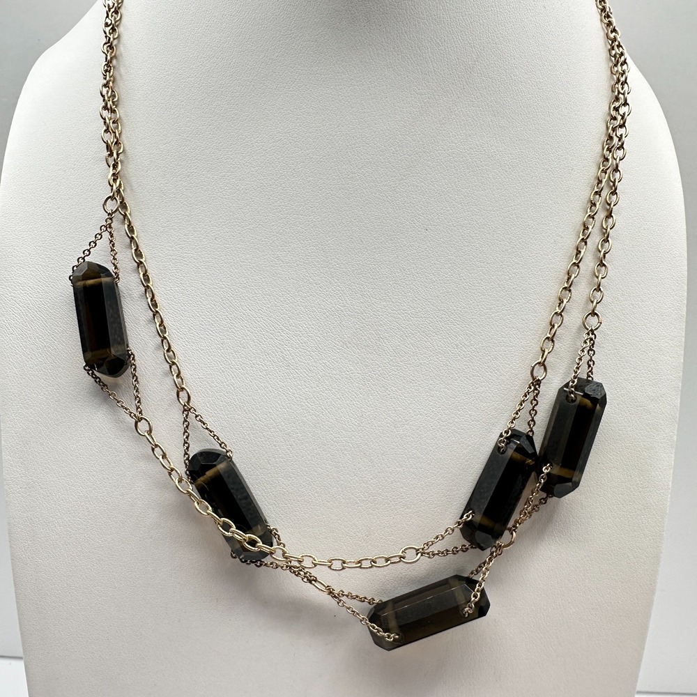 Vintage 80s Gold Tone Layered Necklace with Dark Barrel Beads